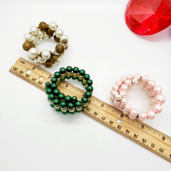 Lot of 3 Vintage faux pearl memory wire bracelets white gold cream wristie retro - Picture 7 of 7